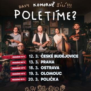 Upozornění pro všechny, kteří se chystají na naše komorní turné: ŽIDLE RYCHLE MIZÍ. 😄🪑

Jak jsme na tom? Praha už je skoro plná. Budějovice taky. Zbytek měst se zatím statečně drží… ale dlouho nevydrží. 😄

Tentokrát vás čeká úplně jiný zážitek, který se jen tak opakovat nebude. Blíž než kdy dřív, v komorní sestavě, v sedě, s písničkami a nástroji, které běžně neuslyšíte. 🎻

🎟 Tak jestli chcete být u toho, radši nečekejte, až zůstane poslední židle v rohu…. Lístky koupíte na www.poletime.info

DAVY KOMORNĚ ŠÍLÍ!
Poletíme?